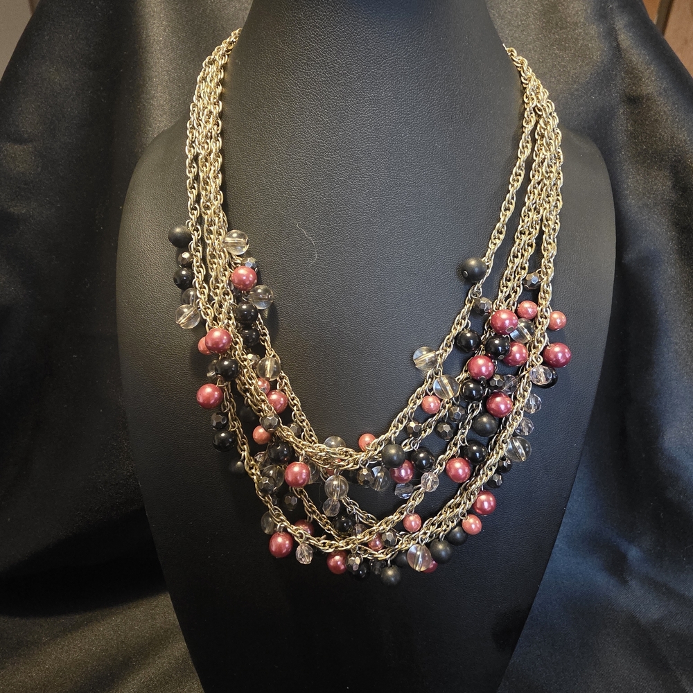 Multi-Strand Gold Tone Pink And Black Beaded Necklace. Fun Movement. Statement.